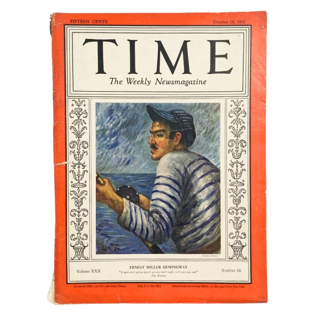 Time Magazine, October 18, 1937, Vol. 30 No. 16: Featuring Ernest Miller Hemingway on the cover.