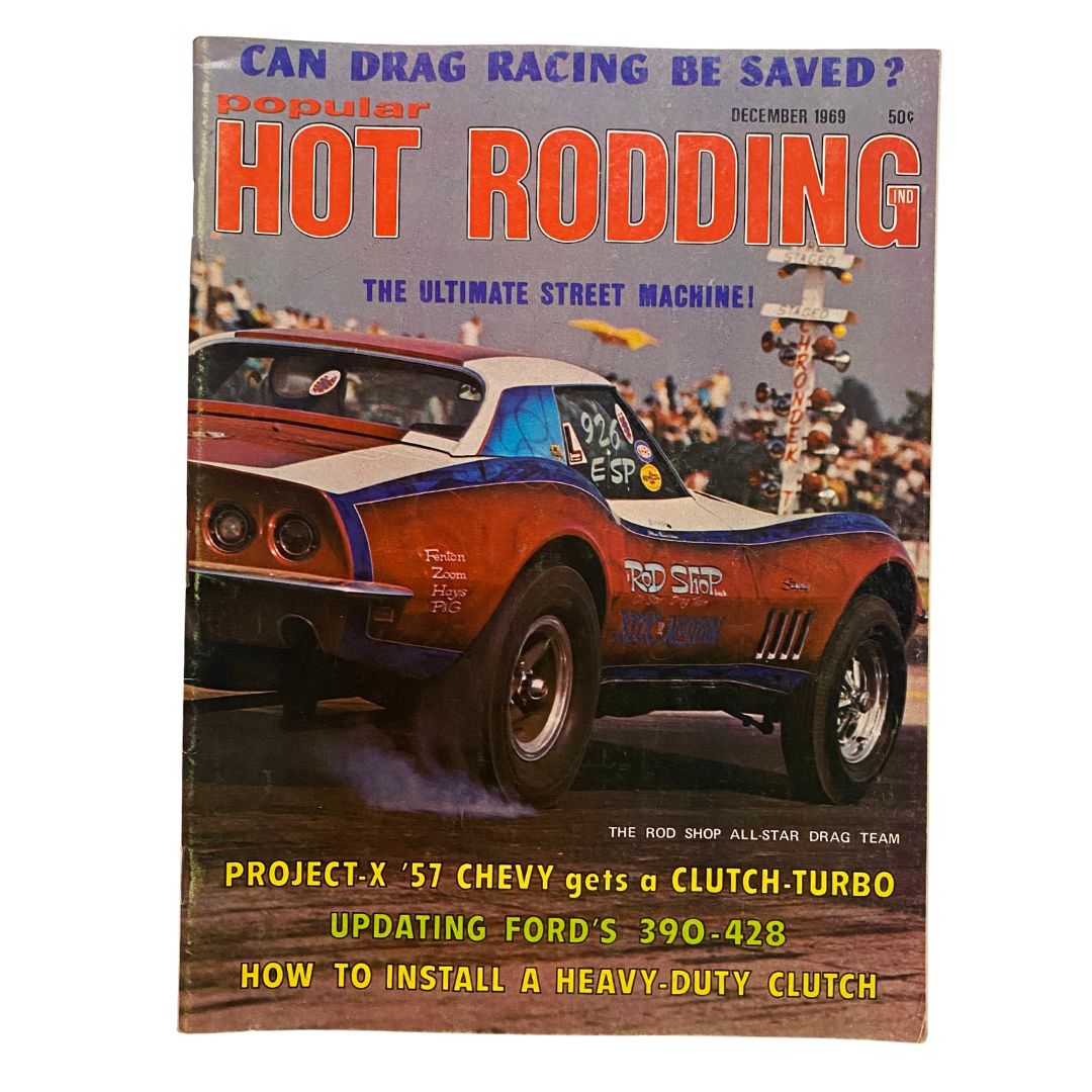 Cover of Popular Hot Rodding Magazine from December 1968 featuring a drag racing scene with a vibrant car in action, highlighting the Rod Shop All-Star Drag Team.