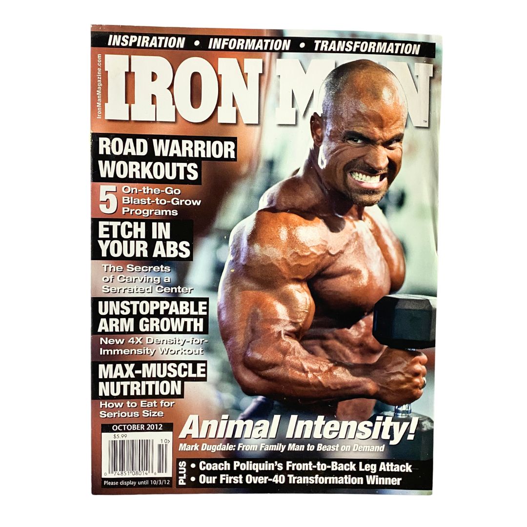 Iron Man Magazine October 2012 Vol 71 No. 10 featuring Mark Dugdale on the cover, showcasing fitness inspiration, bodybuilding workouts, and transformation tips.