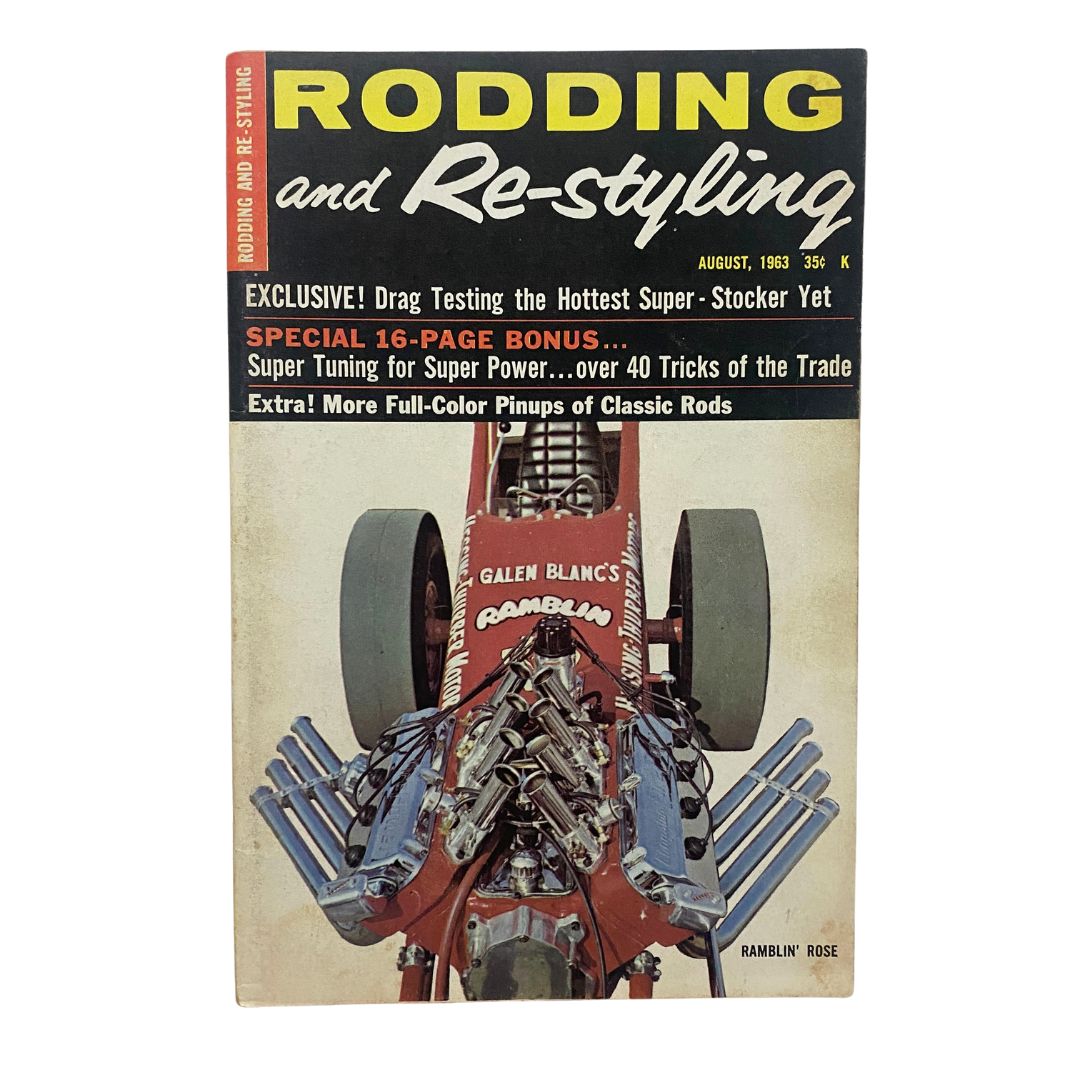 Cover of VTG Rodding & Re-Styling Magazine August 1963 featuring drag racing with a bright red car and text highlighting exclusive content.