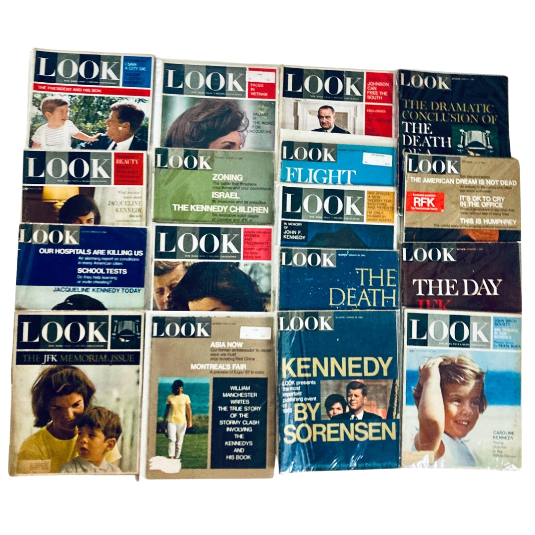 Lot of 17 1960s Look Magazines featuring John F. Kennedy, Jacqueline Kennedy, and various significant historical topics from the era, showcasing rich American culture.