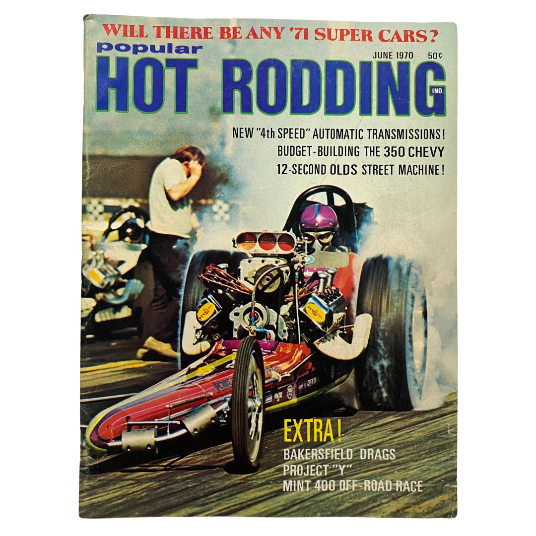 Cover of Popular Hot Rodding Magazine from June 1970 featuring a vibrant dragster, showcasing the title and asking if there will be any '71 super cars.