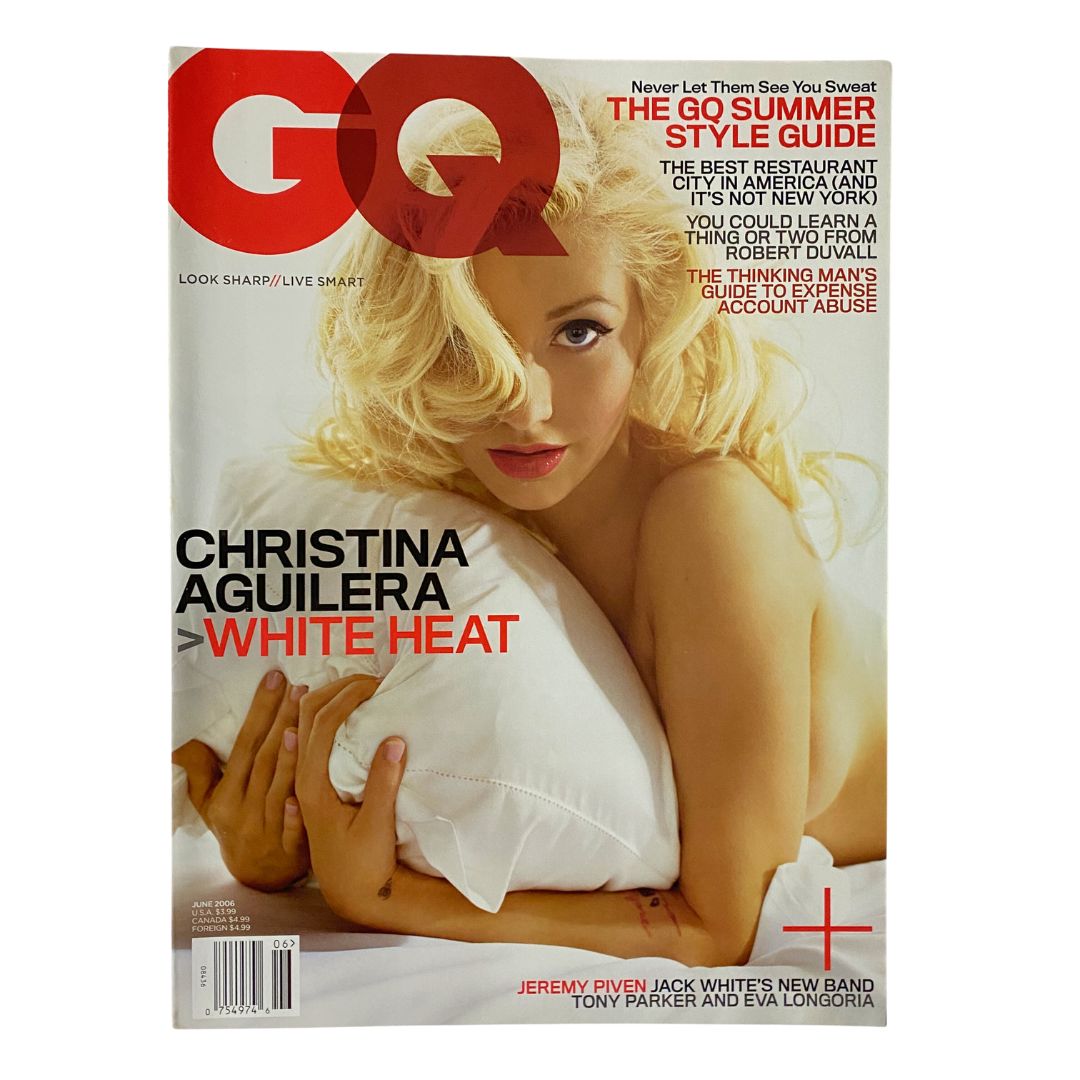 GQ Magazine June 2006 cover featuring Christina Aguilera in a bold 'White Heat' theme. A collectible vintage magazine showcasing pop culture from the mid-2000s.