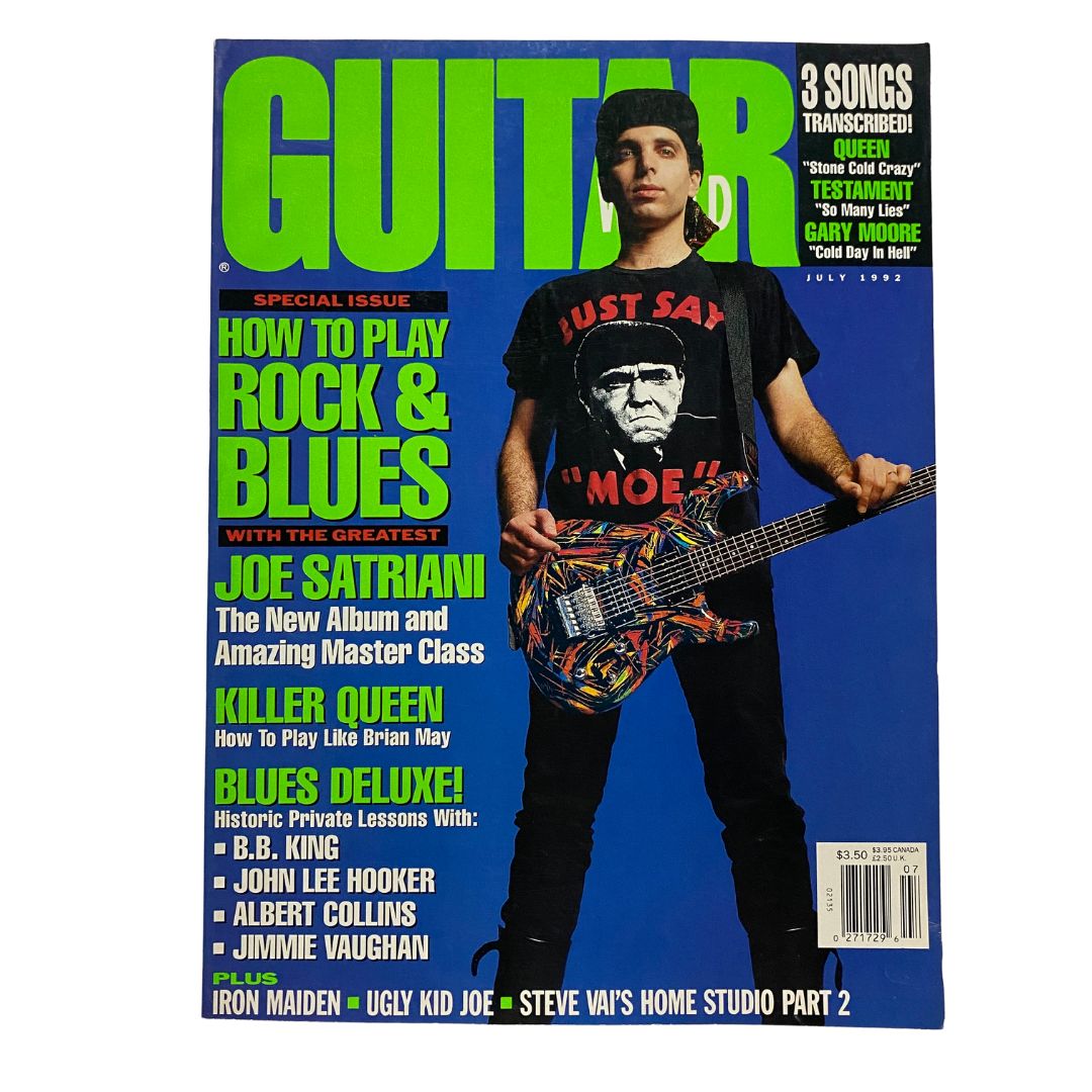 Guitar World Magazine July 1992 issue featuring Joe Satriani on the cover, showcasing guitar tips, a special issue on rock and blues, and includes a poster.