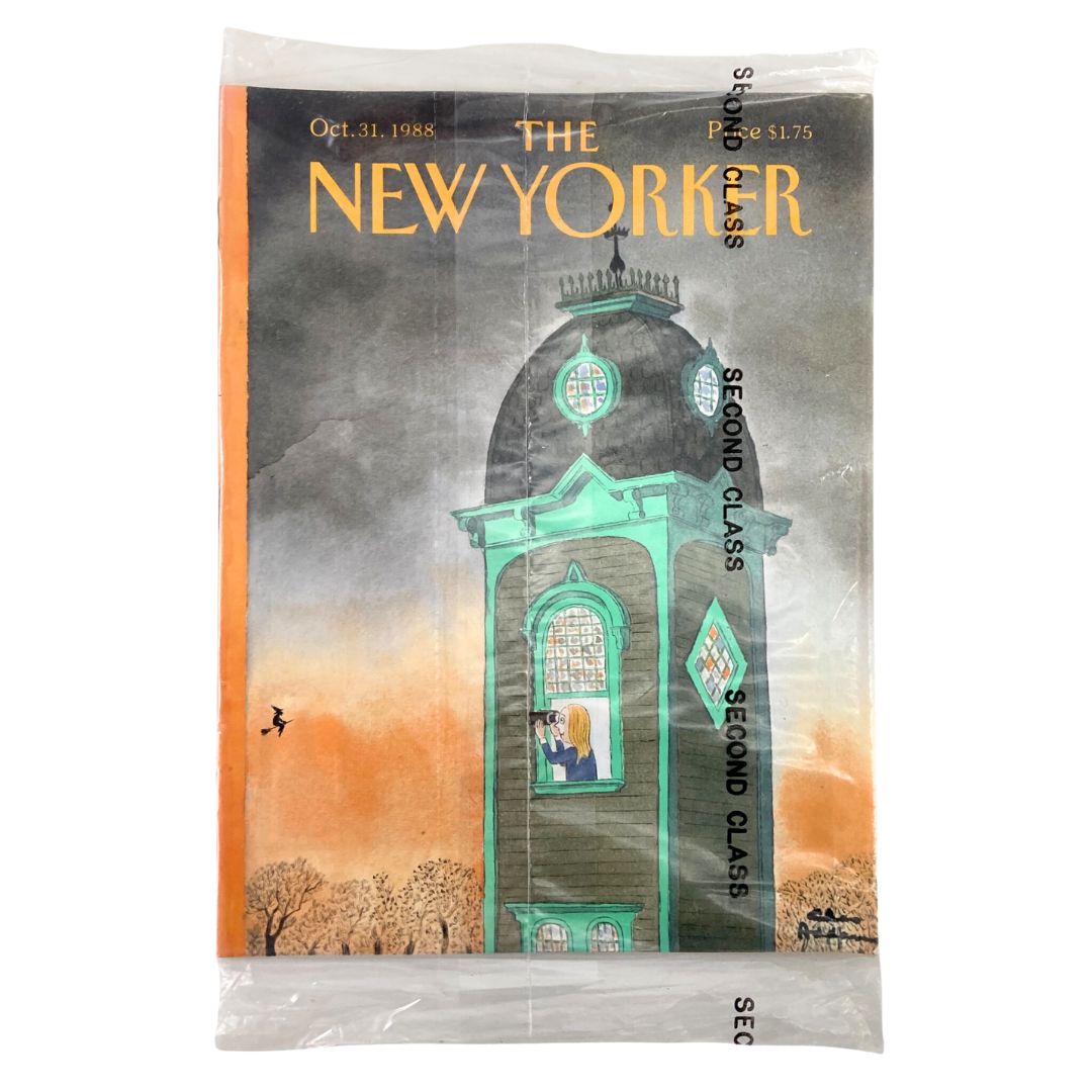 The New Yorker Full Magazine from October 31, 1988, sealed and in original plastic. Features a striking cover illustration with a haunted house design, captivating colors, and themes of witch sightings, making it a collector’s item in very good condition.