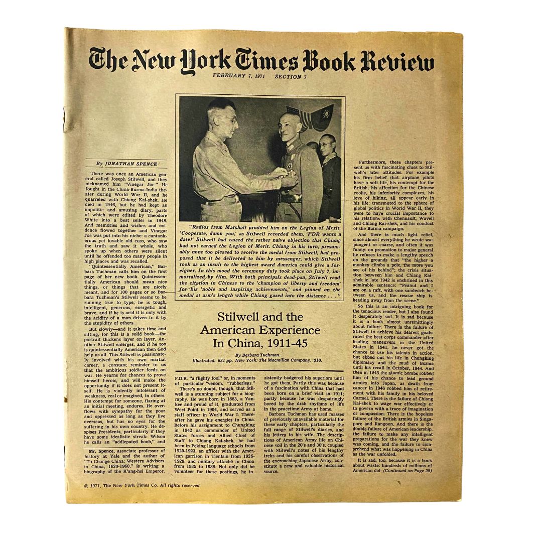 The New York Times Book Review February 7, 1971 edition featuring the article 'Radios from Marshall' and showcasing content related to Stilwell and the American Experience in China, 1911-45. This vintage magazine is a valuable collectible from the early 1970s.