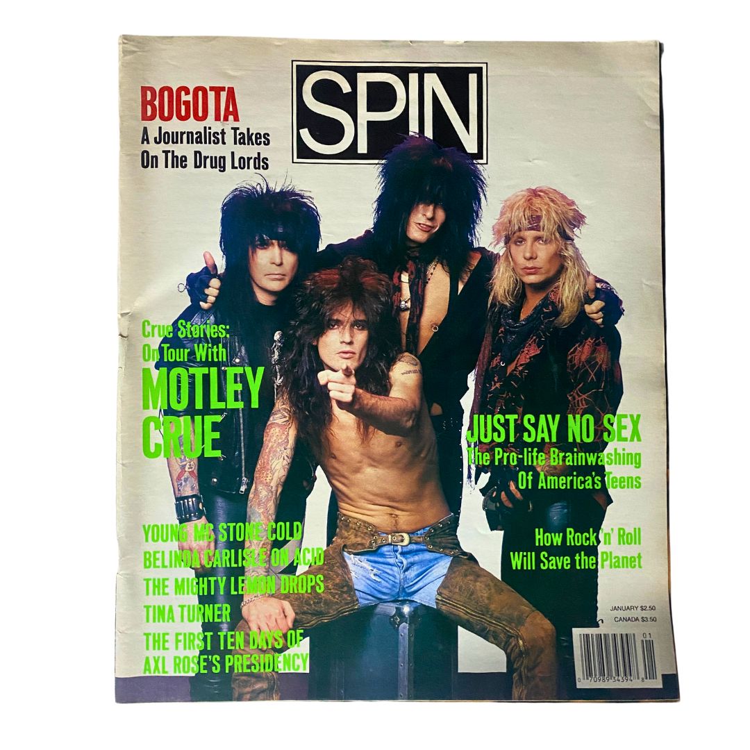 Spin Magazine January 1990 Vol 5 No. 10 featuring Motley Crue on the cover. The magazine showcases the band with striking hairstyles and fashion typical of the era, highlighting their electrifying tour.