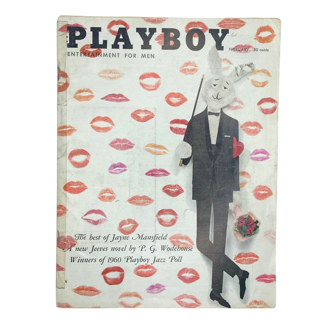 VTG Playboy Magazine February 1960 cover featuring a stylish rabbit in a tuxedo surrounded by kiss marks, a collectible piece of pop culture history.