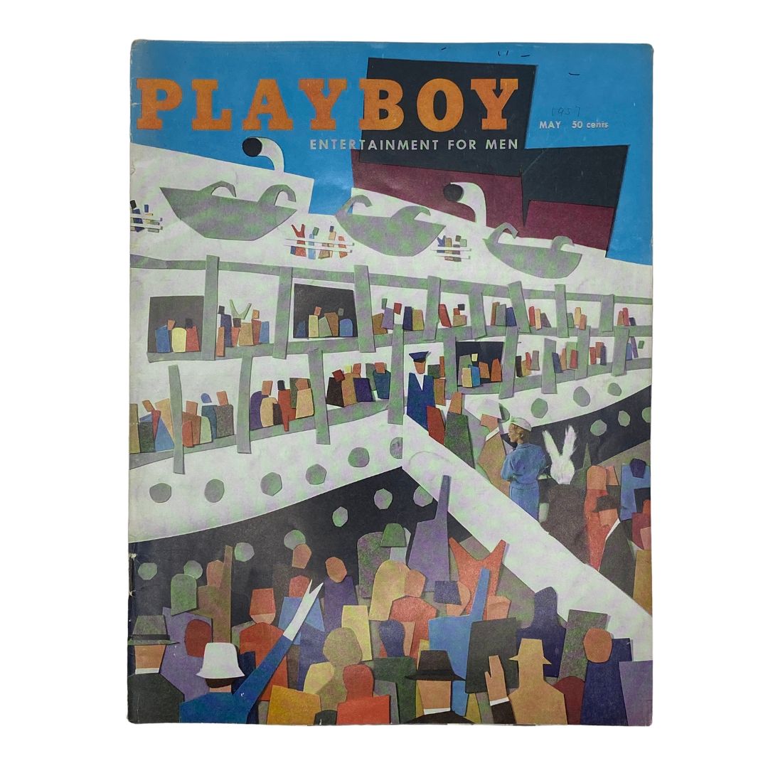VTG Playboy Magazine May 1957 cover featuring artistic rendering and colorful crowd scene, representing a vintage collector's item.