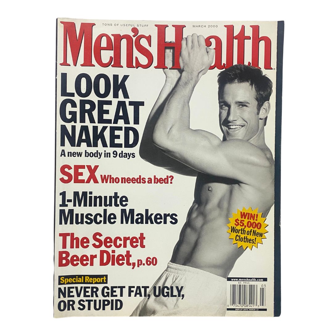 Cover of Men's Health Magazine March 2000 featuring the title 'Look Great Naked: A New Body in 9 Days,' showcasing a muscular man posing and highlighting fitness tips, trends, and lifestyle from the early 2000s.