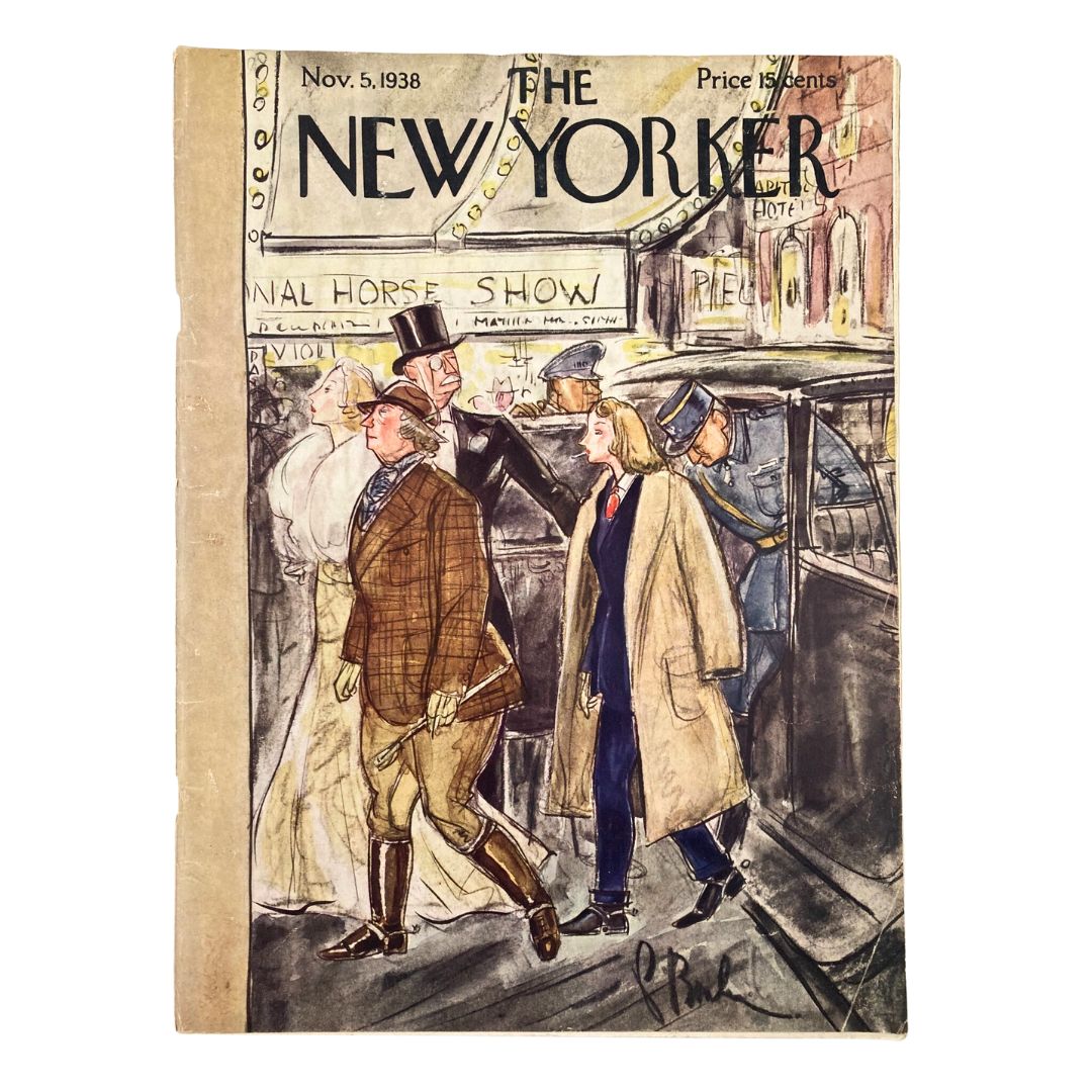 Cover of The New Yorker Magazine from November 5, 1938, featuring the illustration 'Final Horse Show' by Perry Barlow, depicting elegantly dressed individuals attending a horse show.
