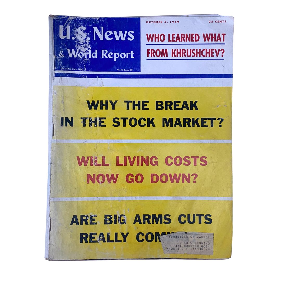 Cover of US News & World Report Magazine dated October 5, 1959, featuring the headline 'Who Learned What from Khrushchev?' with additional questions about the stock market and living costs.