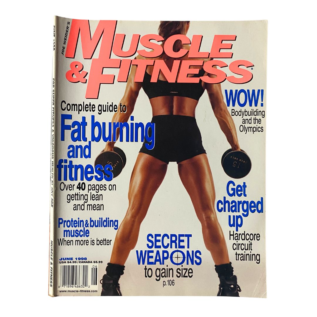 Muscle & Fitness Magazine June 1998 Vol 59 No. 6 featuring a fitness model on the cover showcasing a strong physique, highlighting topics on fat burning, fitness, and bodybuilding with a vibrant pink title.