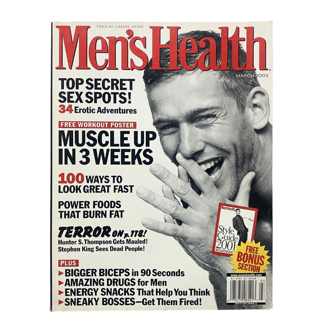 Men's Health Magazine March 2001 cover featuring Hunter S. Thompson and Stephen King, highlighting topics such as fitness, nutrition, and lifestyle.