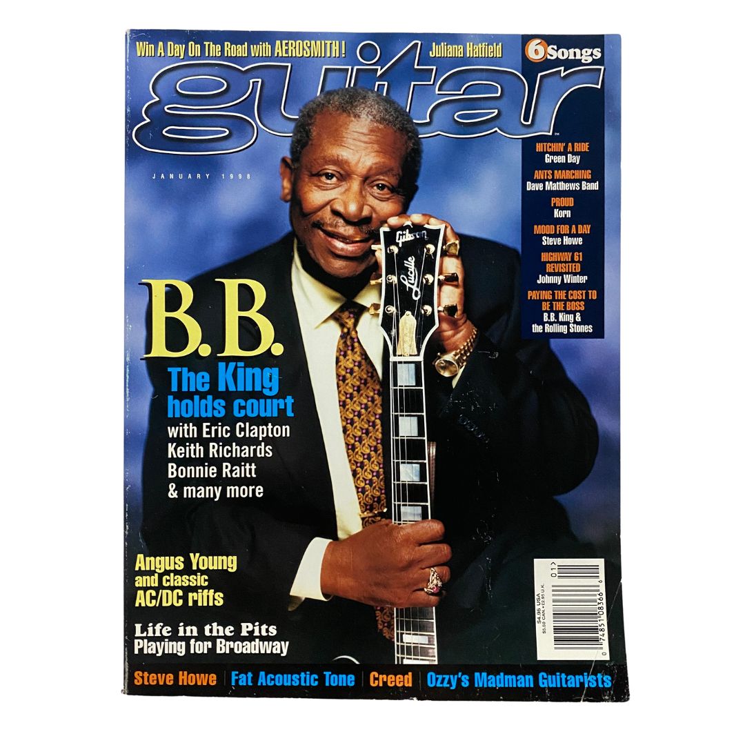 Guitar Magazine January 1998 featuring B.B. King on the cover, titled 'The King Holds Court', highlighting his influence in blues music with notable contributors like Eric Clapton and Keith Richards.