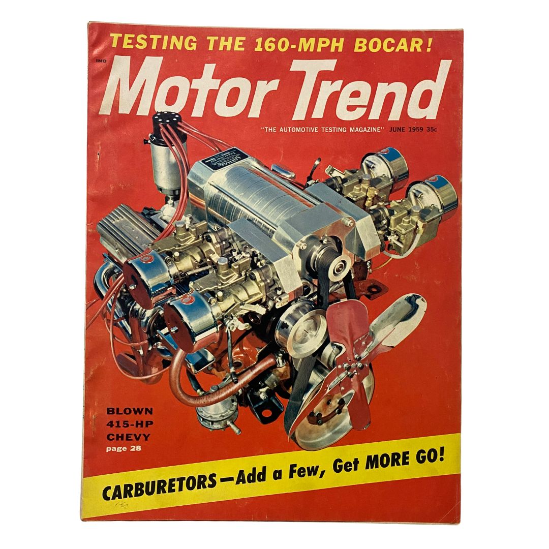 Cover of VTG Motor Trend Magazine June 1959 featuring a Blown 415-Hp Chevrolet engine on the front page. The magazine highlights automotive innovations and performance trends of the late 1950s.