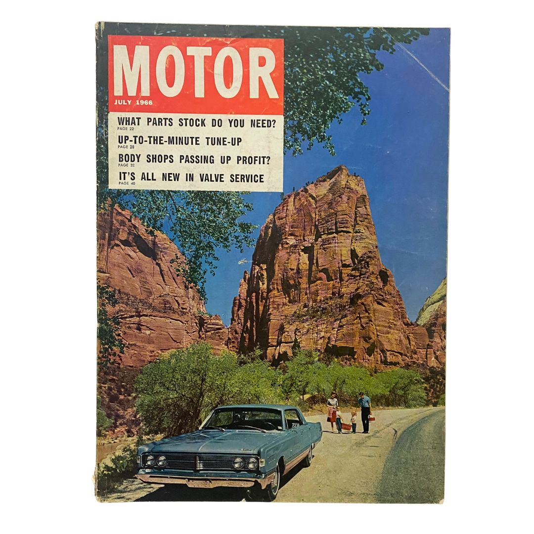 Cover of VTG Motor Magazine July 1966 featuring vintage car and stunning rock formations, highlighting the article 'Body Shops Passing Up Profit?'.