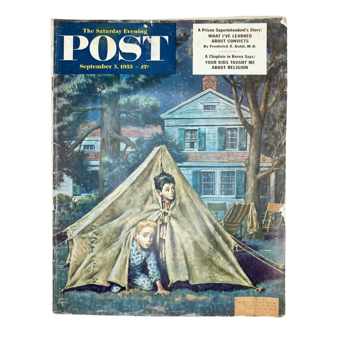 Cover of Saturday Evening Post Magazine September 5 1953 featuring children playing outdoors in a tent, illustrated by Amos Sewell.
