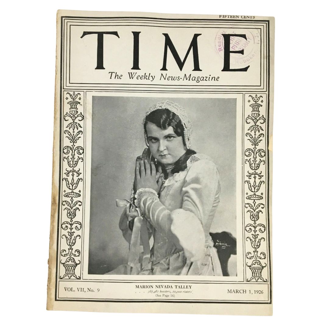 Cover of VTG Time Magazine March 1 1926 featuring Marion Nevada Talley, showcasing early journalism and historical design.