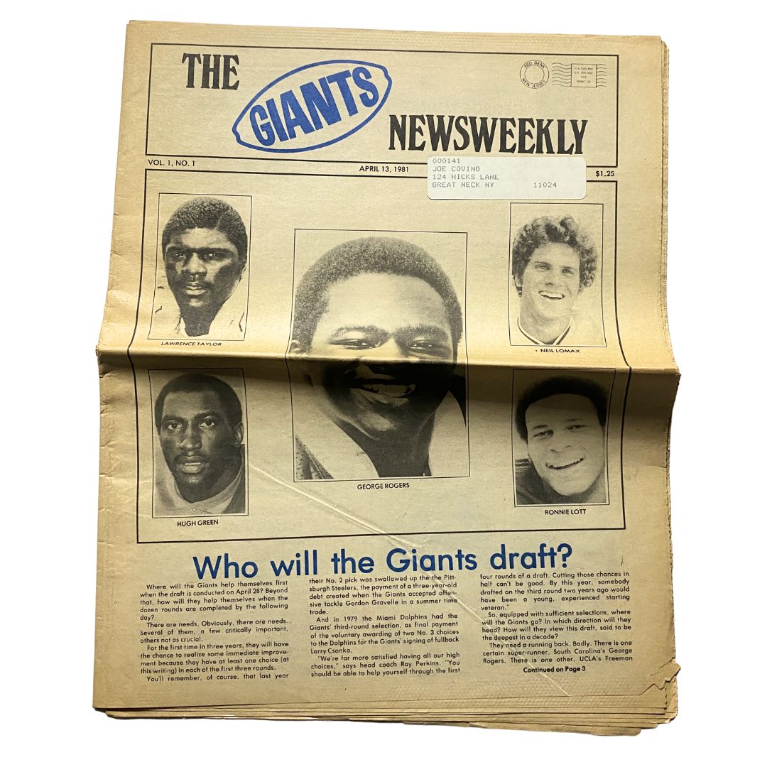 The Giant Newsweekly April 13 1981 Vol 1 No. 1 first edition featuring profiles of athletes including Lawrence Taylor and George Rogers, alongside a question about the Giants' draft.