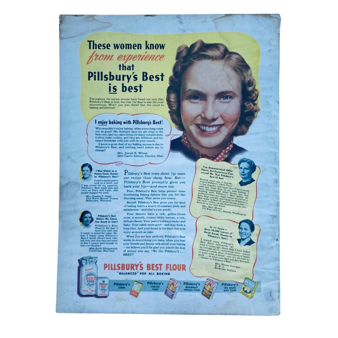 Back cover of VTG Parents' Magazine April 1940 featuring a vintage advertisement for Pillsbury's Best flour with a smiling woman promoting baking, illustrating 1940s marketing style.