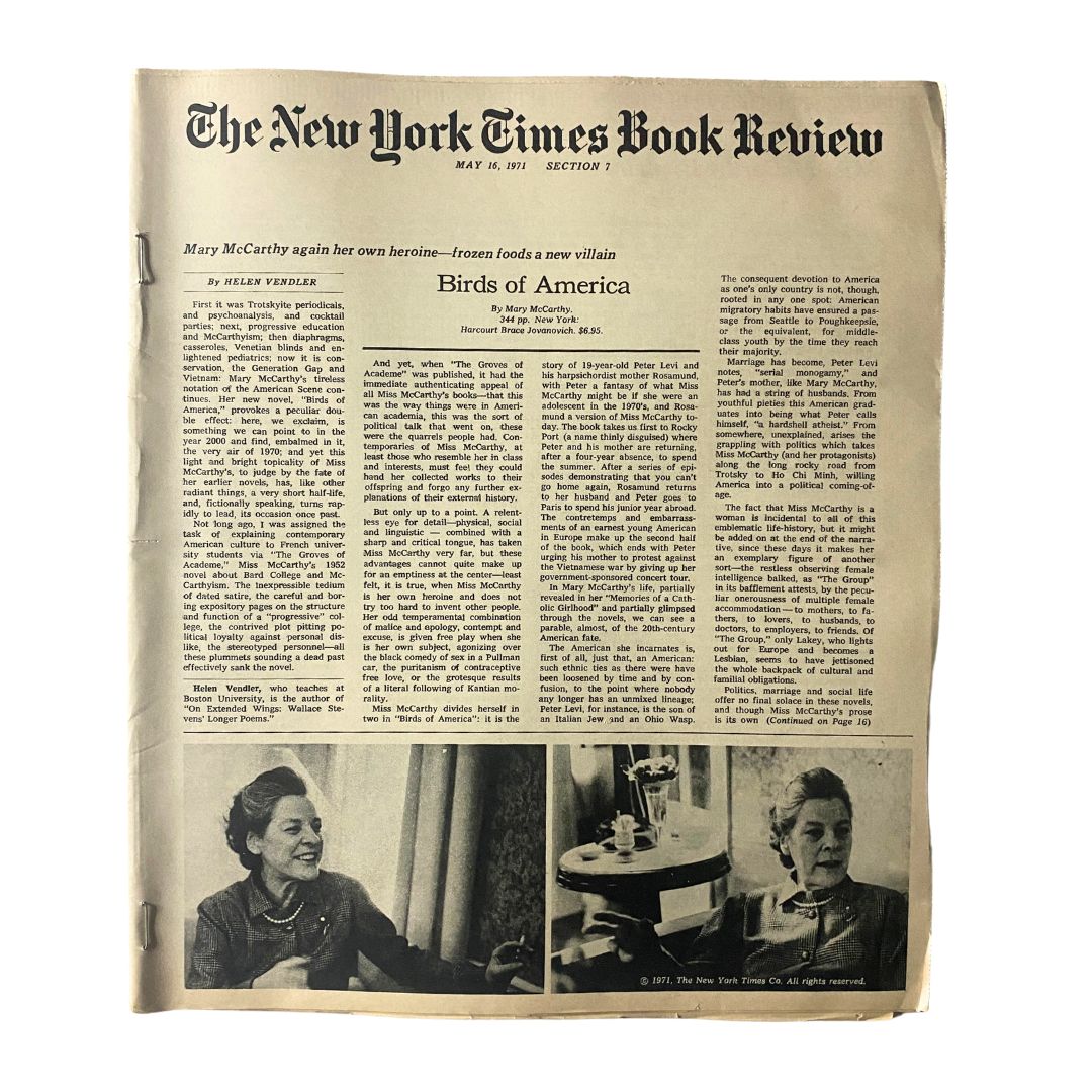 The New York Times Book Review May 16, 1971 issue featuring an article on 'Birds of America' by Mary McCarthy, showcasing vintage editorial design and historical significance.