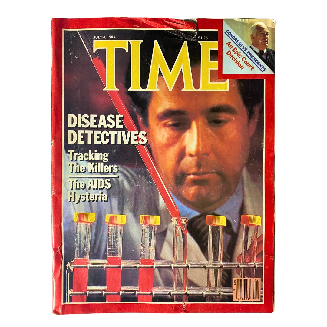 Cover of VTG Time Magazine from July 4, 1983, featuring the title 'Disease Detectives', showcasing a man analyzing test tubes, reflecting public health concerns.