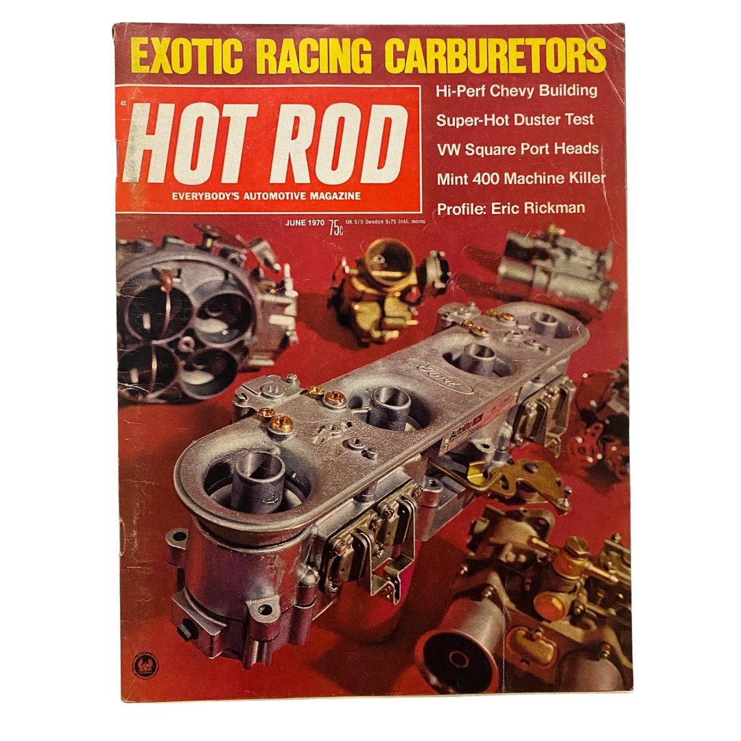 Cover of VTG Hot Rod Magazine June 1970 featuring 'Exotic Racing Carburetors', showcasing high-performance carburetors with text highlighting various automotive features.