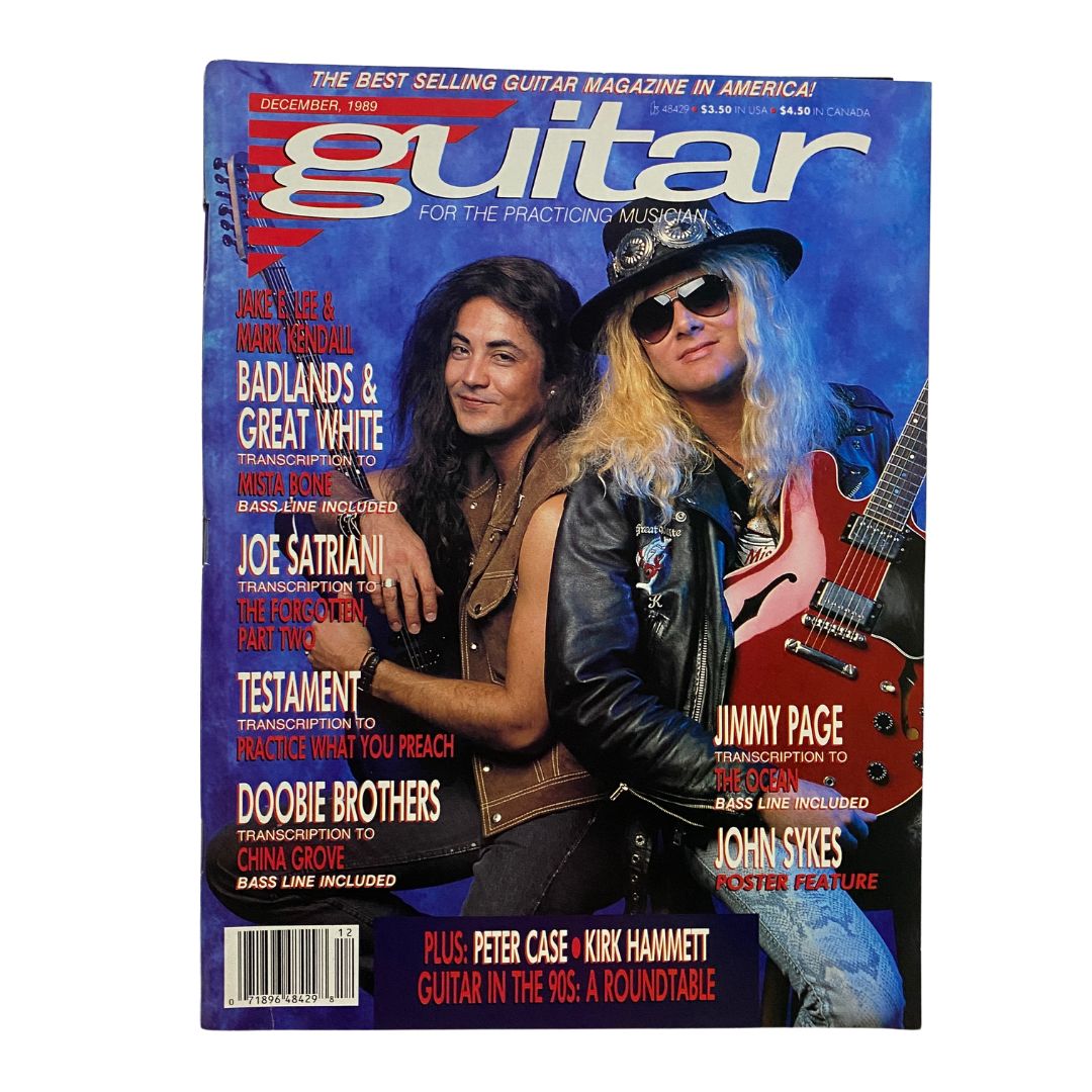 Guitar for the Practicing Musician Magazine December 1989 cover featuring Jake E. Lee and Mark Kendall from Badlands along with articles on Joe Satriani and Jimmy Page.