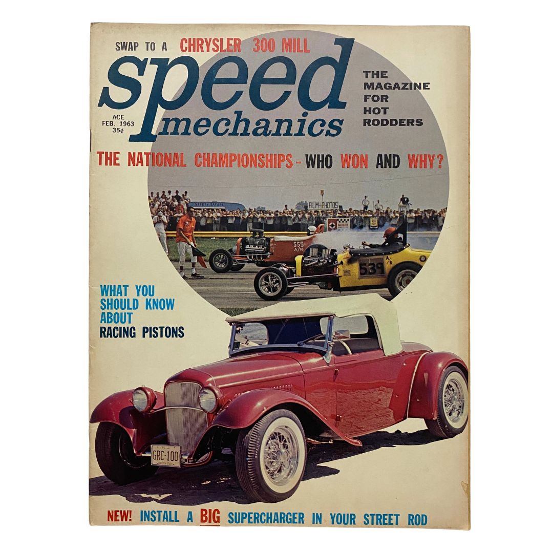 Cover of VTG Speed Mechanics Magazine February 1963 featuring the Red Velvet Roadster, showcasing classic car culture and racing details.