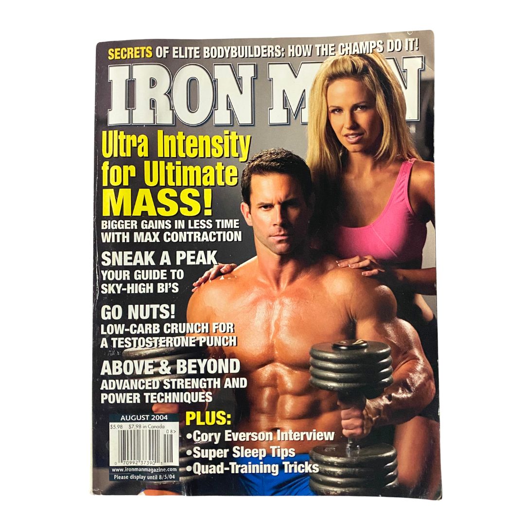 Iron Man Magazine August 2004 Vol 63 No. 8 featuring a fitness model couple showcasing bodybuilding tips and workouts, with a focus on ultra intensity for ultimate mass.
