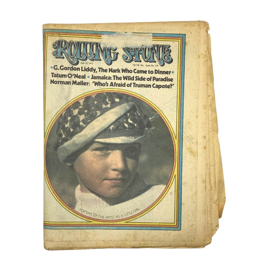 Vintage Rolling Stone Magazine, July 19, 1973, Issue No. 139 featuring the cover story 'Who's Afraid of Truman Capote?' with a portrait of a child in a hat.