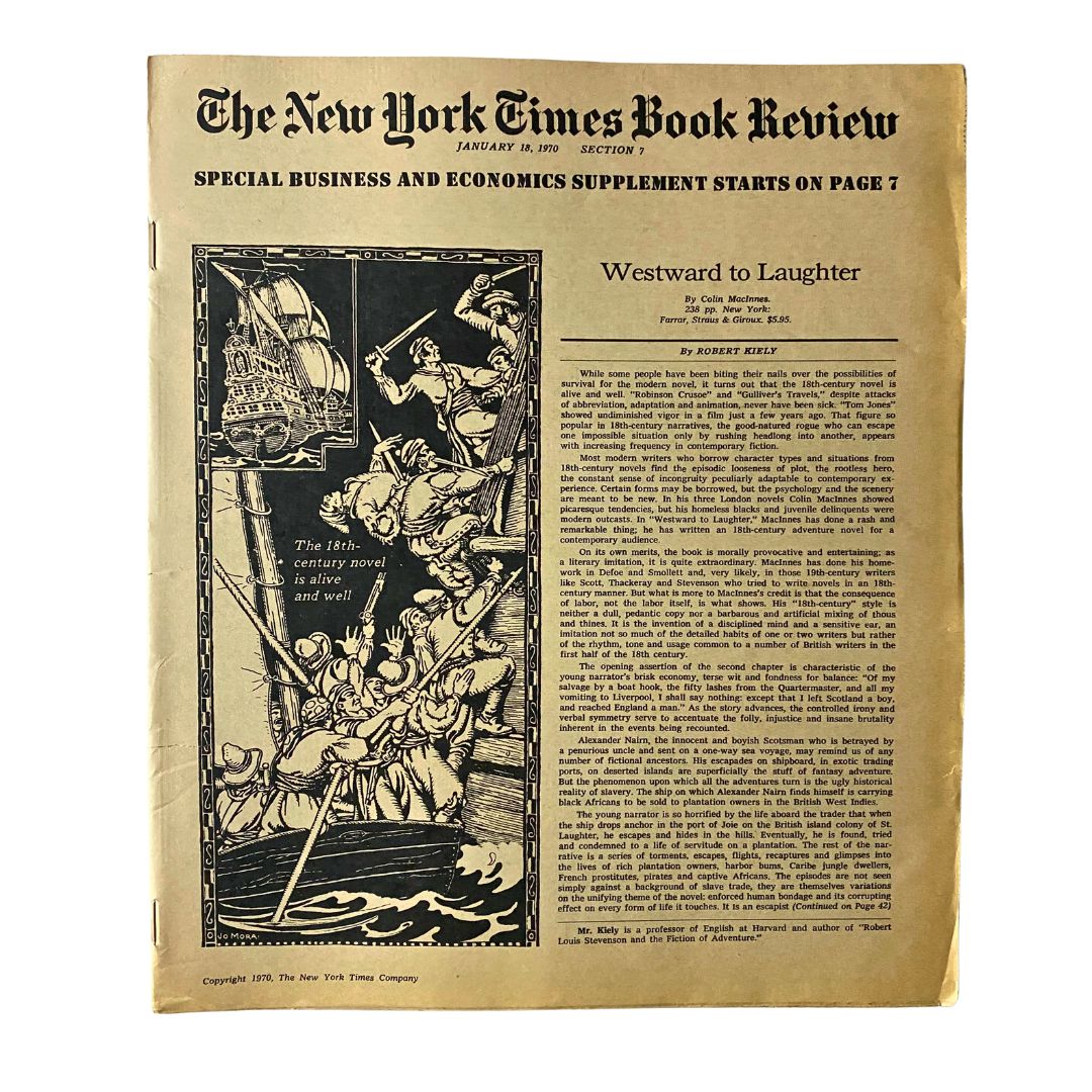 The New York Times Book Review January 18 1970 featuring the article 'Westward to Laughter', showcasing a vintage magazine cover with illustrations of 18th-century sailors and ships.