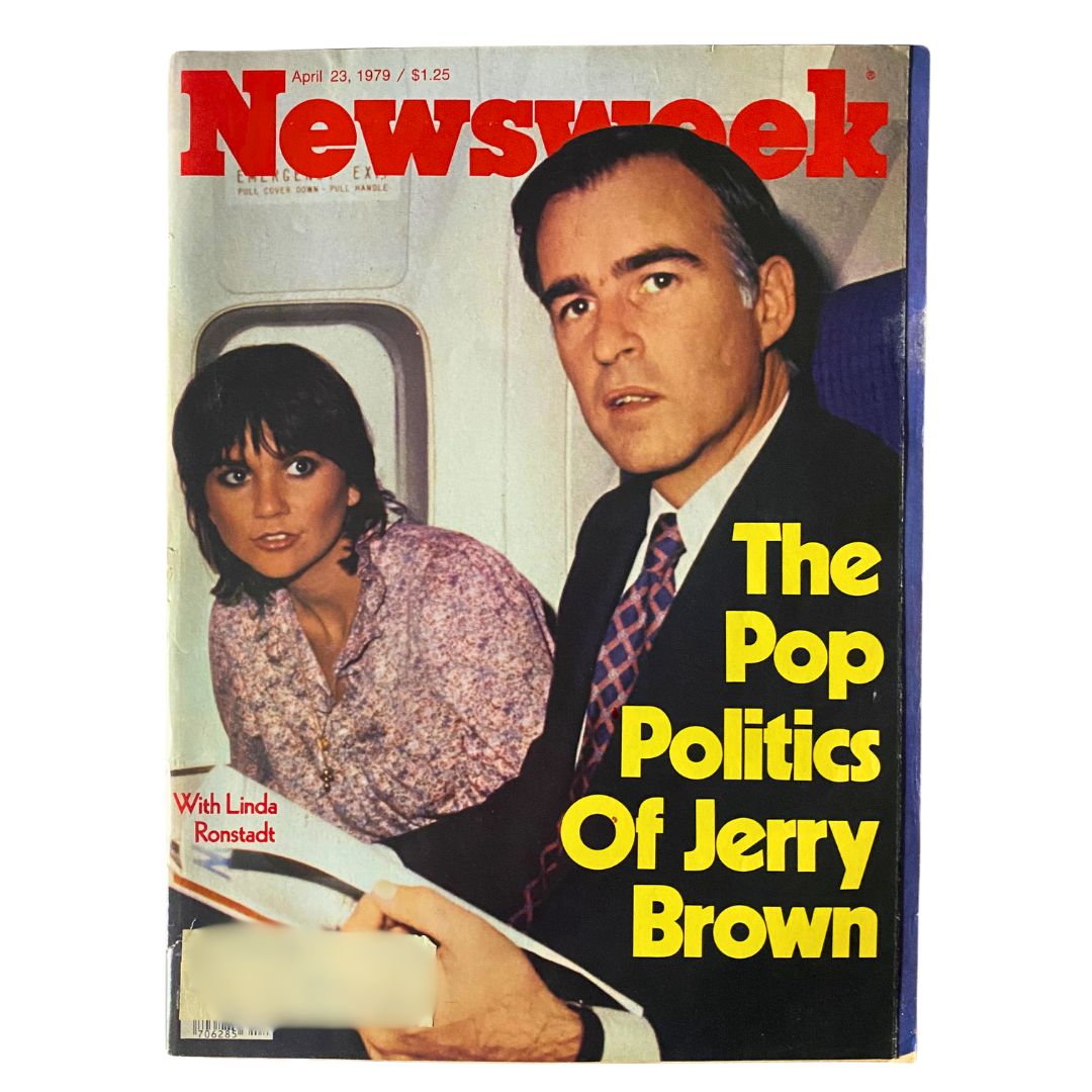 VTG Newsweek Magazine April 23 1979 featuring Jerry Brown and Linda Ronstadt, showcasing an intriguing cover with yellow text that reads 'The Pop Politics Of Jerry Brown'. The magazine reflects the political and musical landscape of 1979.