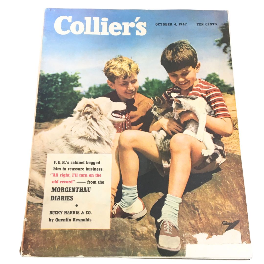 VTG Collier's Magazine October 4 1947 cover featuring two boys with pets, including a dog, cat, and rabbit, showcasing a nostalgic scene from the late 1940s.