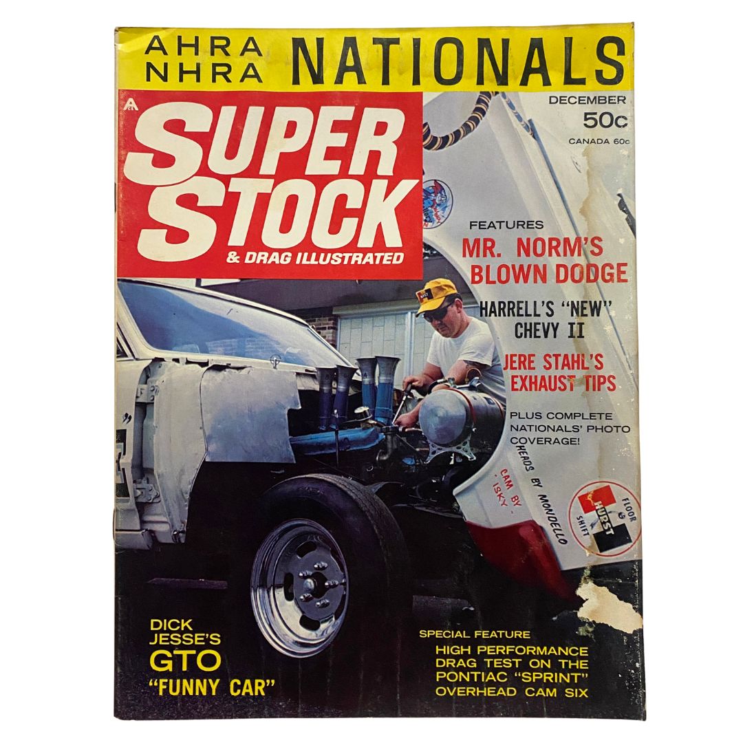 Cover of Super Stock & Drag Illustrated Magazine December 1965 featuring Mr. Norm's Blown Dodge and Harrell's new Chevy II.