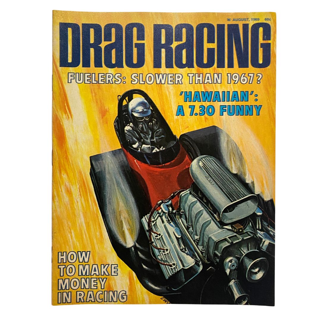 VTG Drag Racing Magazine August 1969 featuring the Hawaiian A 7.30 Funny Car on the cover, showcasing vibrant drag racing culture.