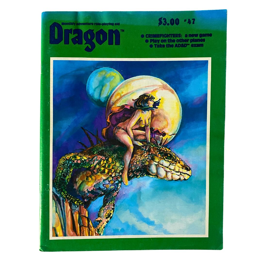 Cover of VTG The Dragon Magazine March 1981 #47 featuring a fantasy illustration with a character riding a dragon. This issue highlights 'Crimefighters: A New Game'.