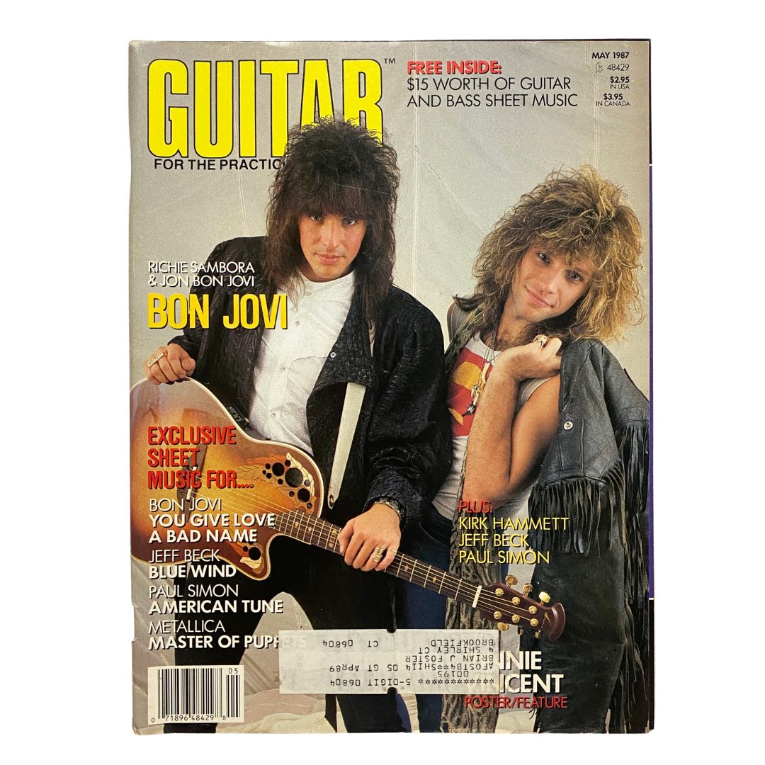 Guitar for the Practicing Musician Magazine May 1987 cover featuring Bon Jovi, showcasing the band's members Richie Sambora and Jon Bon Jovi in rock attire.
