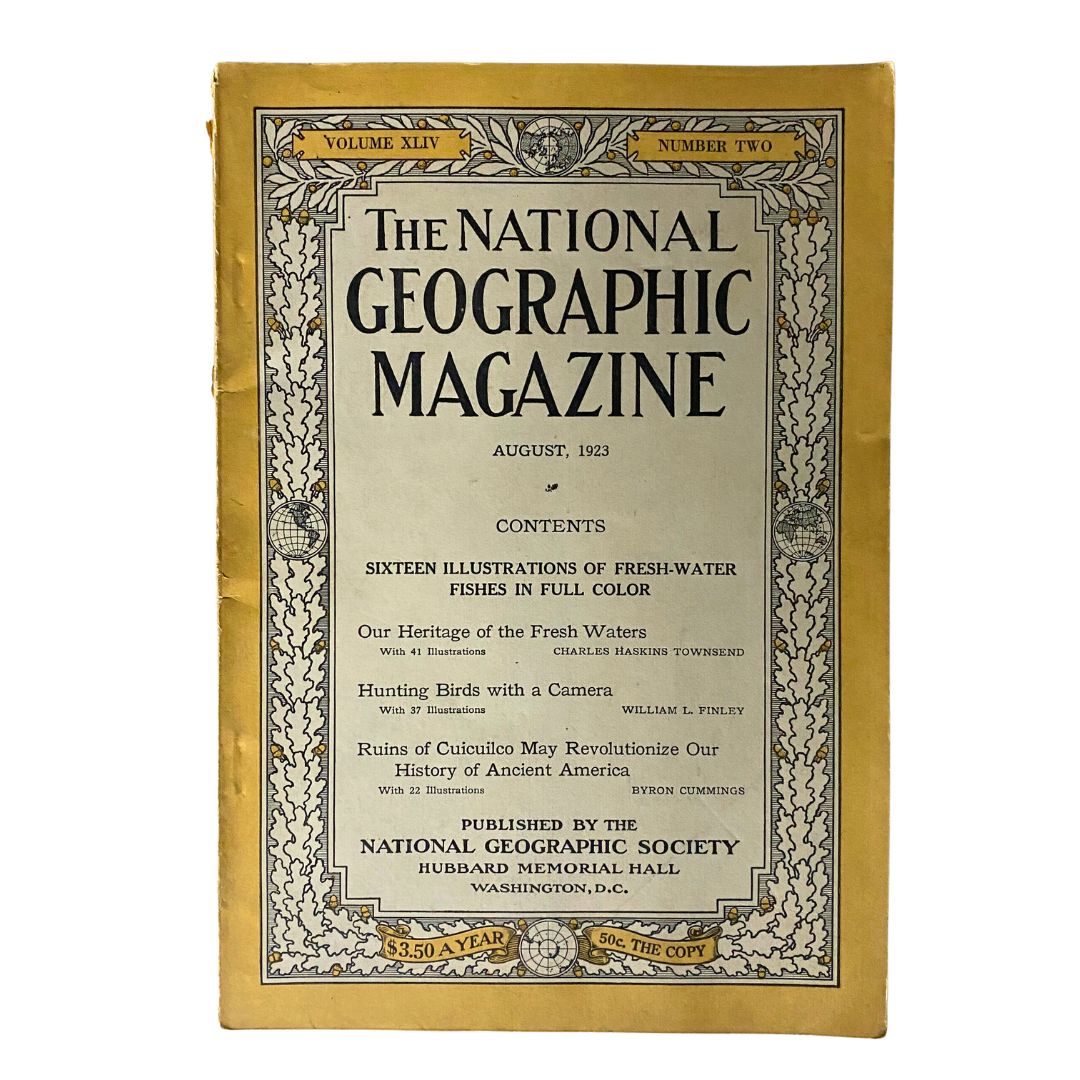 Cover of the National Geographic Magazine August 1923 showcasing its title and contents, featuring articles on fresh-water fish and hunting birds with a camera.