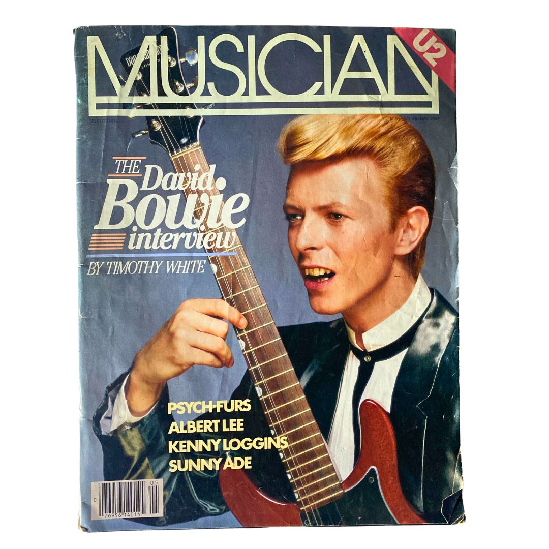 Cover of VTG Musician Magazine May 1983 No. 55 featuring David Bowie during an interview. The magazine highlights Bowie's signature style and musical legacy.