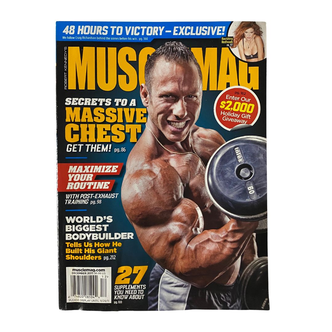 MuscleMag Magazine December 2011 cover featuring a muscular bodybuilder showcasing fitness tips and secrets for building a massive chest.
