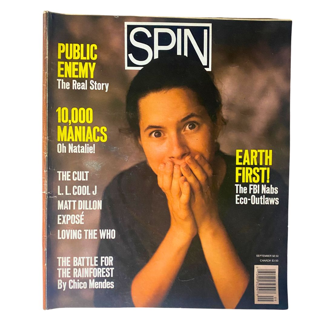 Cover of VTG Spin Magazine September 1989 Vol 5 No. 6 featuring Natalie Merchant, highlighting articles on Public Enemy and 10,000 Maniacs.