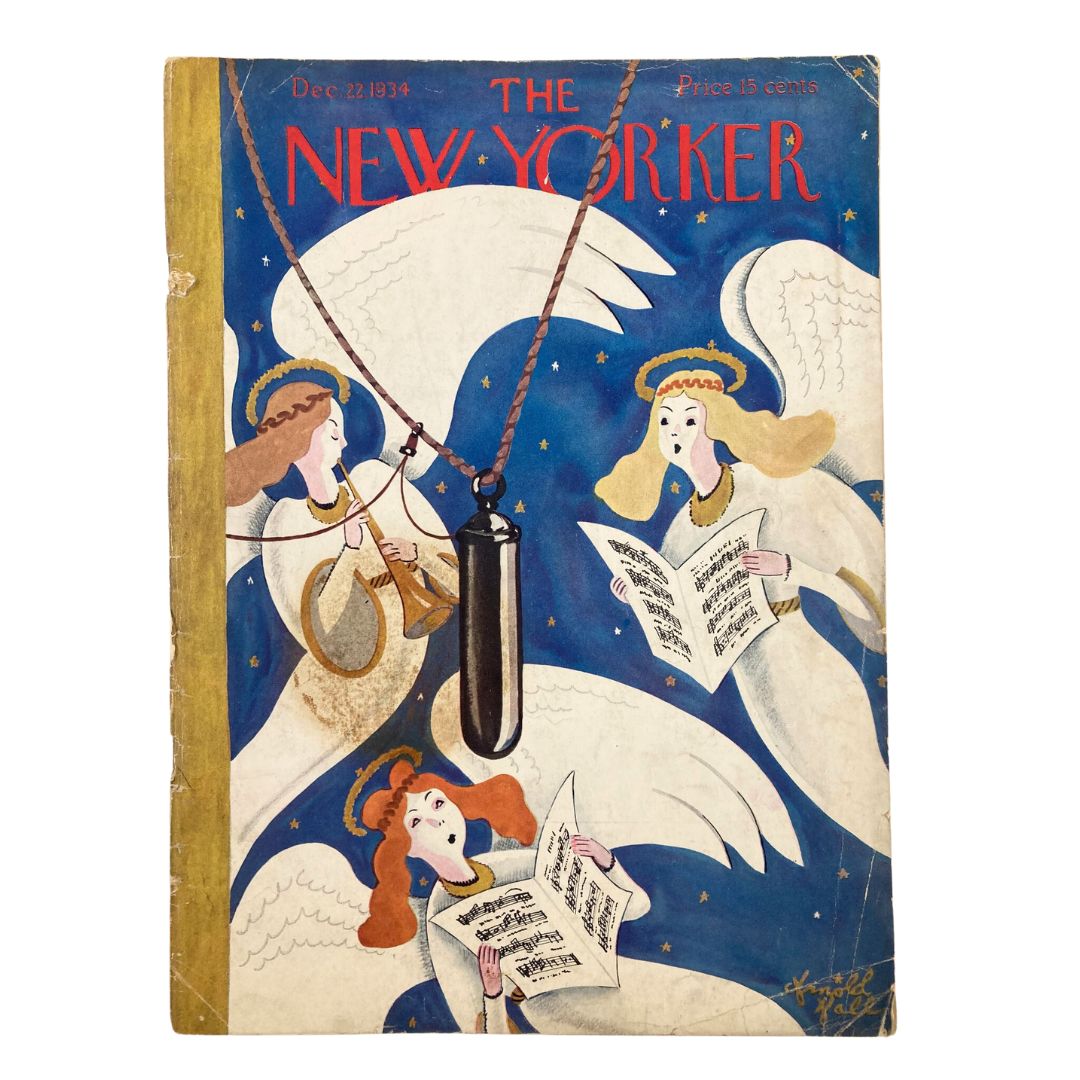 Cover of The New Yorker Magazine dated December 22, 1934, featuring artistic illustration of angels singing, by Arnold Hall.
