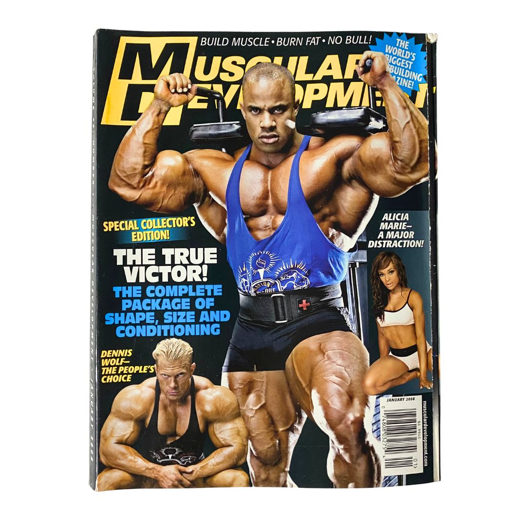 Muscular Development Magazine January 2008 cover featuring Dennis Wolf showcasing his bodybuilding physique, with Victor Martinez mentioned, highlighting the era's fitness culture and iconic athletes.