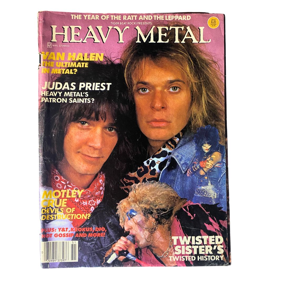 Cover of VTG Rock! Presents Heavy Metal Magazine 1985 Vol 1 No. 1 featuring Van Halen, showcasing iconic heavy metal culture with vibrant colors and prominent band headlines.