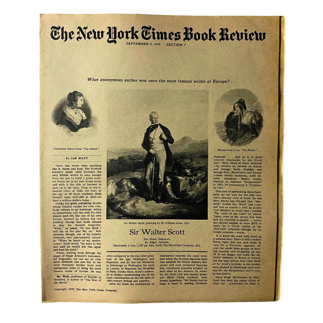 The New York Times Book Review from September 6, 1970, featuring Sir Walter Scott. The vintage magazine includes articles and images about Scott's literary influence and historical context, showcasing a compelling layout with illustrations.