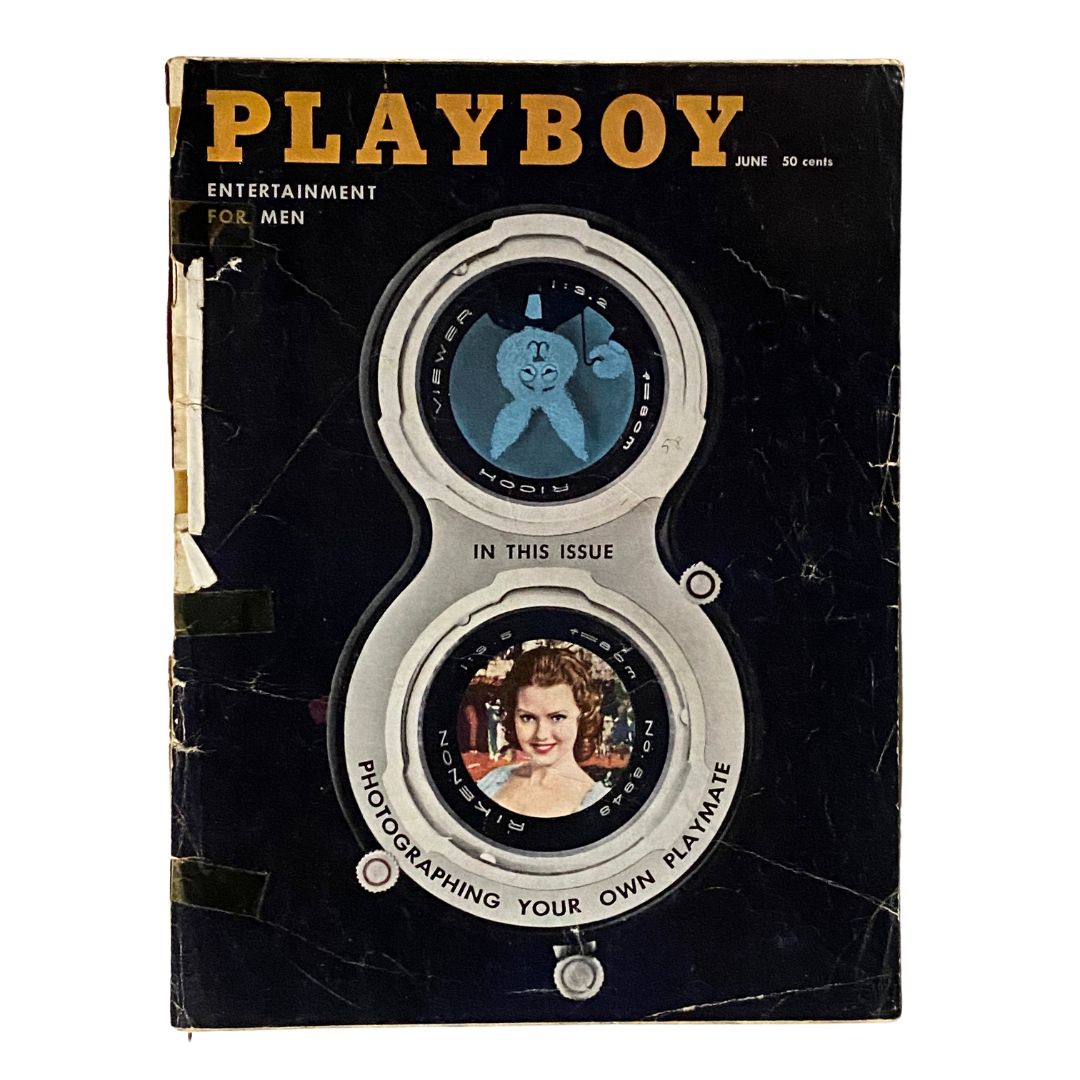 Vintage Playboy Magazine June 1958 featuring Judy Lee Tomerlin on the cover, showcasing a retro design with a viewer and photography theme. No label, adding to its collectible appeal.
