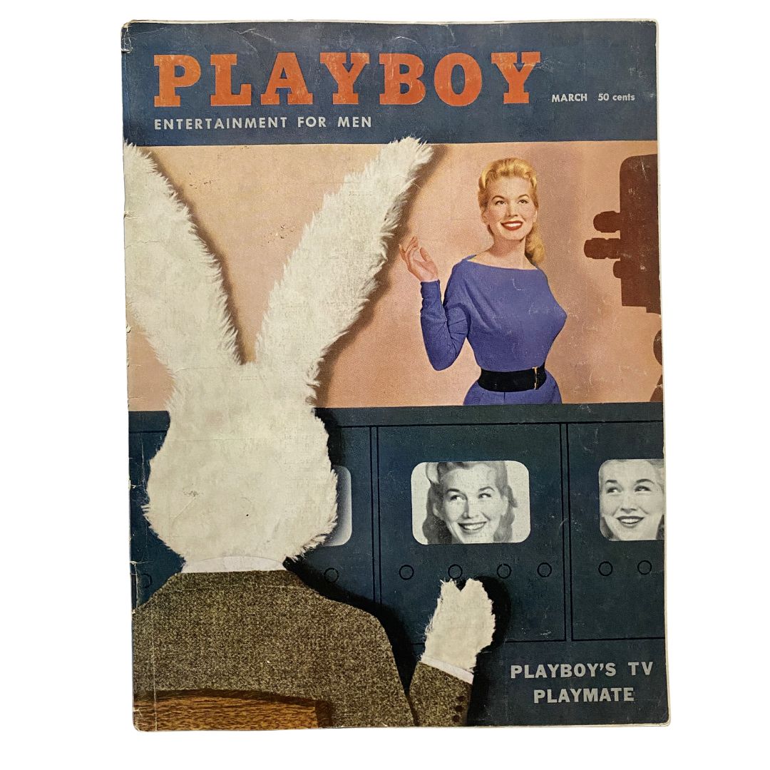 Cover of Vintage Playboy Magazine March 1956 featuring centerfold Marian Stafford, showcasing a unique bunny-themed illustration and playful design elements.