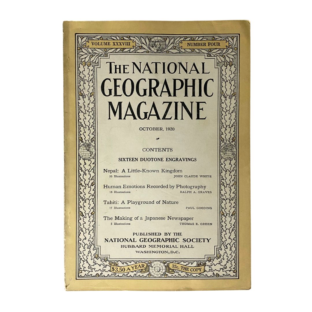 Cover of the VTG National Geographic Magazine from October 1920, featuring contents on Japanese newspaper production and other historical topics.